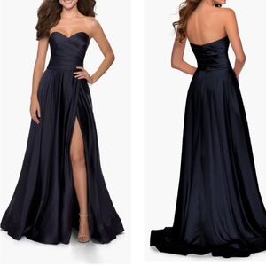 La femme Strapless slit satin ballgown